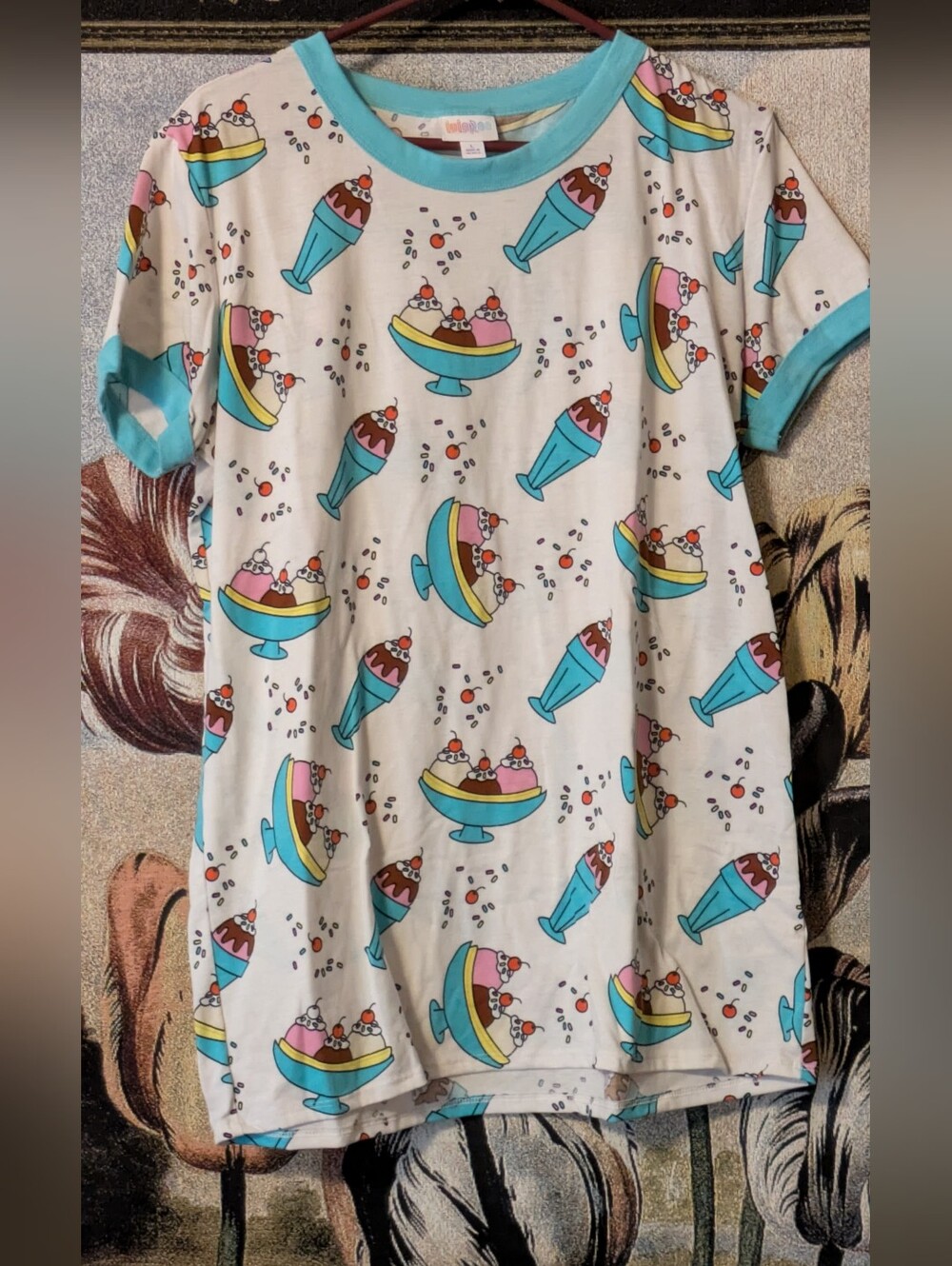 LulaRoe Ice Cream Sundae Graphic Tee with Turquoise Trim